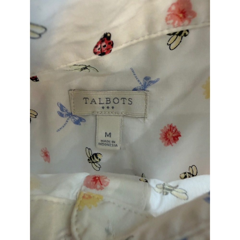 Talbots Insect Floral Print Button Down Shirt Womens M White Ladybug Bee Cotton - Picture 2 of 9